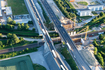 Aerial photograpy of Construction site of the A5 motorway bridge over the railway tracks in the district Karlsdorf in Karlsdorf-Neuthard in the state Baden-Wuerttemberg, Germany
