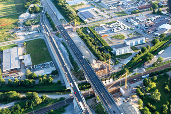 Oblique view of Construction site of the A5 motorway bridge over the railway tracks in the district Karlsdorf in Karlsdorf-Neuthard in the state Baden-Wuerttemberg, Germany