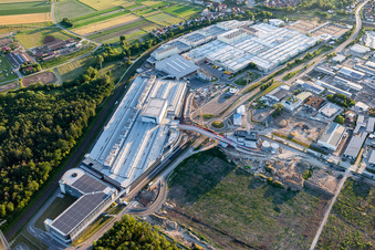 Aerial view of Factory premises of SEW-EURODRIVE GmbH & Co KG in Graben-Neudorf in the state Baden-Wurttemberg, Germany