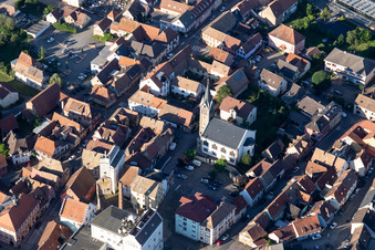 Aerial view of Church building in the village of in Pfaffenhoffen in Grand Est, France
