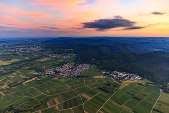 Winegrowing village in the evening light on the edge of the Palatinate Forest from the north in Klingenmünster in the state Rhineland-Palatinate, Germany