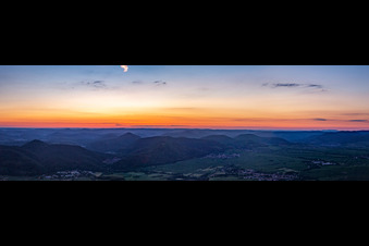Panoramic perspective of forest and mountain scenery after sunset at the edge of the Hardtr in Pfaelzerwald between Klingenmuenster and Albersweiler in Eschbach in the state Rhineland-Palatinate, Germany, Sonnenuntergang