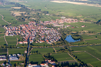 Village - view on the edge of agricultural fields and farmland in Kirrweiler (Pfalz) in the state Rhineland-Palatinate, Germany from above