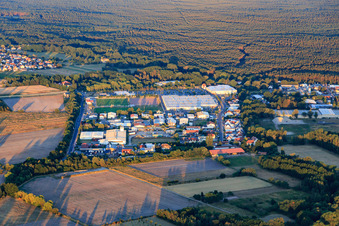 Industrial area south at Rehbach with Kaufland Haßloch, Autocenter Pfalz GmbH & Co. KG and football field of the Hassloch 8-Balls in Haßloch in the state Rhineland-Palatinate, Germany