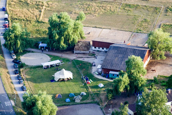 Aerial view of Reithof Trab eV therapeutic riding on Lake Constance in the district Wollmatingen in Konstanz in the state Baden-Wuerttemberg, Germany