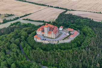 Aerial view of Wachsenburg Castle from the north in the district Holzhausen in Amt Wachsenburg in the state Thuringia, Germany