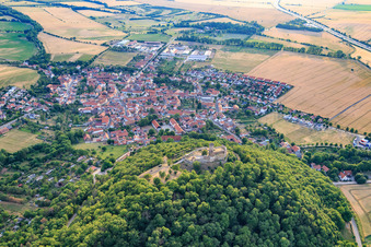 View of the town below the Mühlburg castle ruins in the district Mühlberg in Drei Gleichen in the state Thuringia, Germany