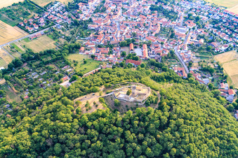 Aerial view of Mühlburg Castle Ruins in the district Mühlberg in Drei Gleichen in the state Thuringia, Germany