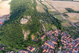 Aerial view of Ruins and remains of the walls of the former castle and fortress Mühlburg in the district Mühlberg in Drei Gleichen in the state Thuringia, Germany