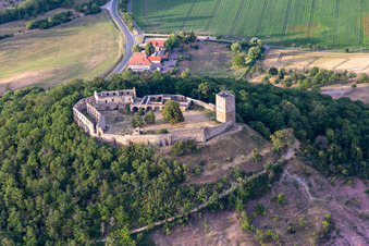 Ruins and remains of the walls of the former castle and fortress Mühlburg in the district Mühlberg in Drei Gleichen in the state Thuringia, Germany from above