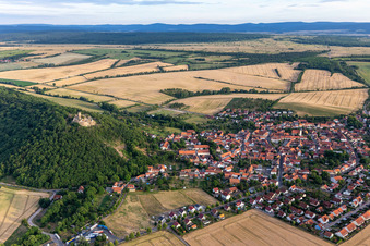 View of the town below the Mühlburg castle ruins from the north in the district Mühlberg in Drei Gleichen in the state Thuringia, Germany