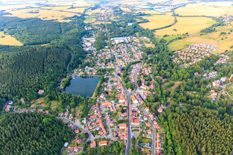 Aerial view of View of the town from the southwest with Hammerteich in Georgenthal in the state Thuringia, Germany