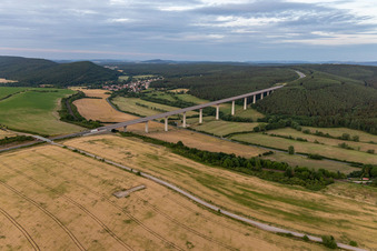 Aerial view of Routing and traffic lanes over the highway bridge in the motorway A 71 in Geraberg in the state Thuringia, Germany