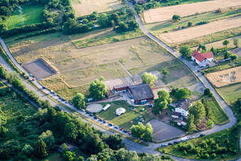 Reithof Trab eV therapeutic riding on Lake Constance in the district Wollmatingen in Konstanz in the state Baden-Wuerttemberg, Germany from the drone perspective