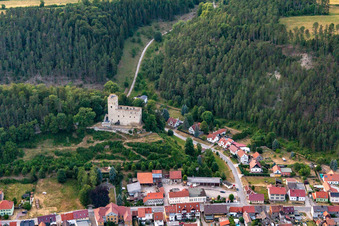 Aerial view of Castle ruins Liebenstein in the district Liebenstein in Geratal in the state Thuringia, Germany