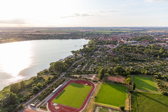 Aerial view of Uckerstadion on the Uckersee in Prenzlau in the state Brandenburg, Germany