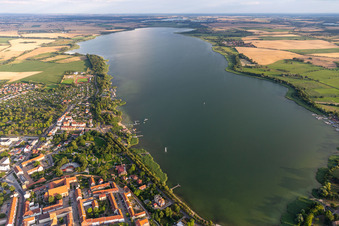 Unteruckersee from the north with promenade and open-air stage Prenzlau in the lake park Prenzlau in Prenzlau in the state Brandenburg, Germany