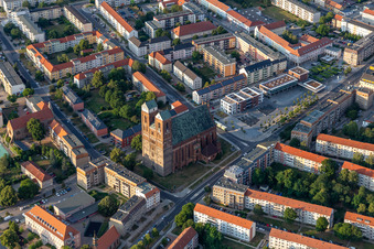 Aerial view of Church building Marienkirche on Marienkirchstrasse in Prenzlau in the state Brandenburg, Germany