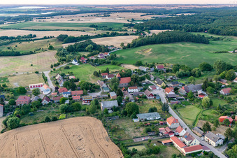 Village view from the south with Protestant church in the district Melzow in Oberuckersee in the state Brandenburg, Germany