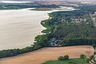 Aerial view of Camping on the banks of the Oberuckersee from the south in the district Warnitz in Oberuckersee in the state Brandenburg, Germany