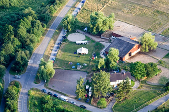 Oblique view of Reithof Trab eV therapeutic riding on Lake Constance in the district Wollmatingen in Konstanz in the state Baden-Wuerttemberg, Germany