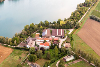 Aerial view of Pony farm at Wammsee in Speyer in the state Rhineland-Palatinate, Germany