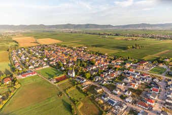 Castle church and football pitch of SV Böbingen 1958 from the east in Altdorf in the state Rhineland-Palatinate, Germany