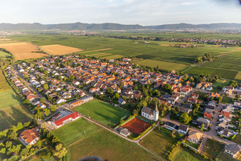 Aerial view of Castle church and football pitch of SV Böbingen 1958 from the east in Altdorf in the state Rhineland-Palatinate, Germany