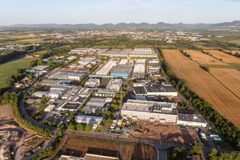 Aerial photograpy of Industrial and commercial area Landau Ost with Michelin Tires and APL Automobil-Prueftechnik Landau GmbH in Landau in der Pfalz in the state Rhineland-Palatinate, Germany