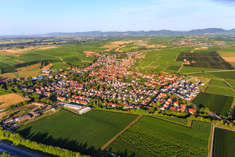 View of the town from the northeast beyond the A65 in Insheim in the state Rhineland-Palatinate, Germany
