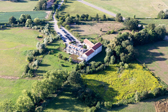Aerial view of Complex of the hotel building Zeiskamer Muehle in Zeiskam in the state Rhineland-Palatinate, Germany
