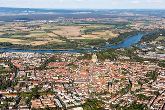 Aerial view of Famous promenade and shopping street Maximilianstreet from the dome til the Altpoertel in Speyer in the state Rhineland-Palatinate, Germany