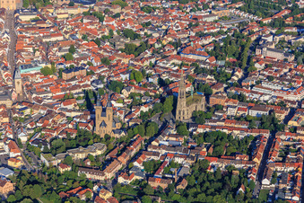 Aerial view of Memorial Church of the Protestation and St. Joseph from the west in Speyer in the state Rhineland-Palatinate, Germany