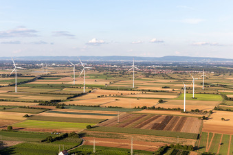 Wind turbines in the district Heiligenstein in Römerberg in the state Rhineland-Palatinate, Germany