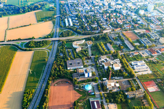 Otto-Mayer-Straße with Otto Mayer Guesthouse, Rhineland-Palatinate State Institute for Education, Rhineland-Palatinate State Library Centre / Palatinate State Library and Circus Bellissima in Speyer in the state Rhineland-Palatinate, Germany