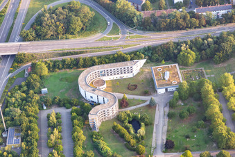 Aerial photograpy of Curved Building complex of the Pedagogic Landesinstitut Rheinland-Pfalz in Speyer in the state Rhineland-Palatinate, Germany