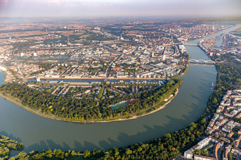 Parkinsel Stadtpark am Rhein with tents of the Ludwigshafen German Film Festival in the district Süd in Ludwigshafen am Rhein in the state Rhineland-Palatinate, Germany
