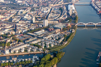 Aerial view of Residential and commercial building in the development area on the quayside of the Rhein at the Rheinschanzenpromenade in Ludwigshafen am Rhein in the state Rhineland-Palatinate, Germany