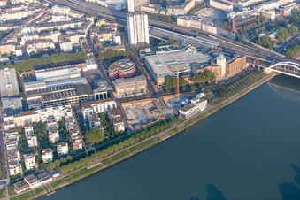 Aerial view of Residential and commercial building in the development area on the quayside of the Rhein at the Rheinschanzenpromenade in Ludwigshafen am Rhein in the state Rhineland-Palatinate, Germany