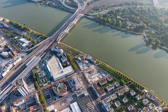 Aerial view of River - bridge construction of the Konrad-Adenauer-bridge for railway and the B37 crossing the Rhine in Ludwigshafen am Rhein in the state Rhineland-Palatinate, Germany