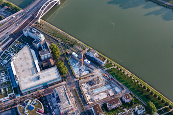 Aerial view of Konradadenauer Bridge for railway and B37 over the Rhine in the district Süd in Ludwigshafen am Rhein in the state Rhineland-Palatinate, Germany