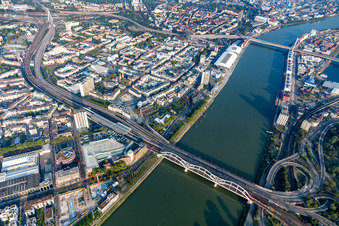 Aerial photograpy of Construction to renovation work on the to be reconstructed road bridges between Mannheim and Ludwigshafen in Ludwigshafen am Rhein in the state Rhineland-Palatinate, Germany