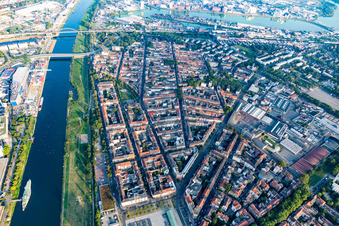 Aerial view of District Neckarstadt-West between old rhine and Neckar river in Mannheim in the state Baden-Wurttemberg, Germany