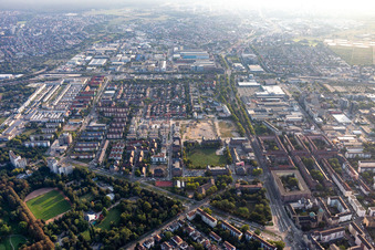 Aerial view of Homerun, former Turley US Barracks in the district Neckarstadt-Ost in Mannheim in the state Baden-Wuerttemberg, Germany