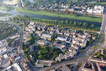 Aerial view of Hospital grounds of the Clinic of Universitaetsklinik and dem Klinikum Mannheim on Ufer of Neckar in Mannheim in the state Baden-Wurttemberg, Germany