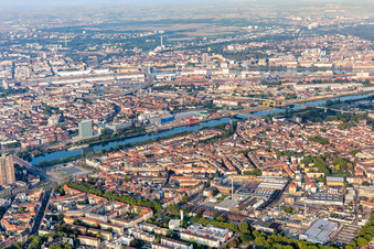 Aerial photograpy of District Neckarstadt-West between old rhine and Neckar river in Mannheim in the state Baden-Wurttemberg, Germany