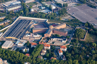 Prison grounds and high security fence Prison on Herzogenriedstrasse in the district Neckarstadt-West in Mannheim in the state Baden-Wurttemberg, Germany