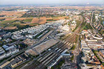 Aerial view of District of Bahnstadt south of the central train station in Heidelberg in the state Baden-Wurttemberg, Germany