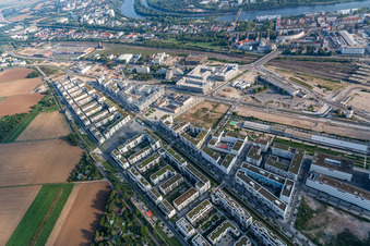 Residential area of the multi-family house settlement on Marie-Baum-Strasse - Gruene Meile - Eppelheimer Strasse in the district Bahnstadt in Heidelberg in the state Baden-Wurttemberg, Germany out of the air