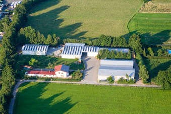 In the Rötzwiesen, farm of the Kerth family in the district Minderslachen in Kandel in the state Rhineland-Palatinate, Germany viewn from the air